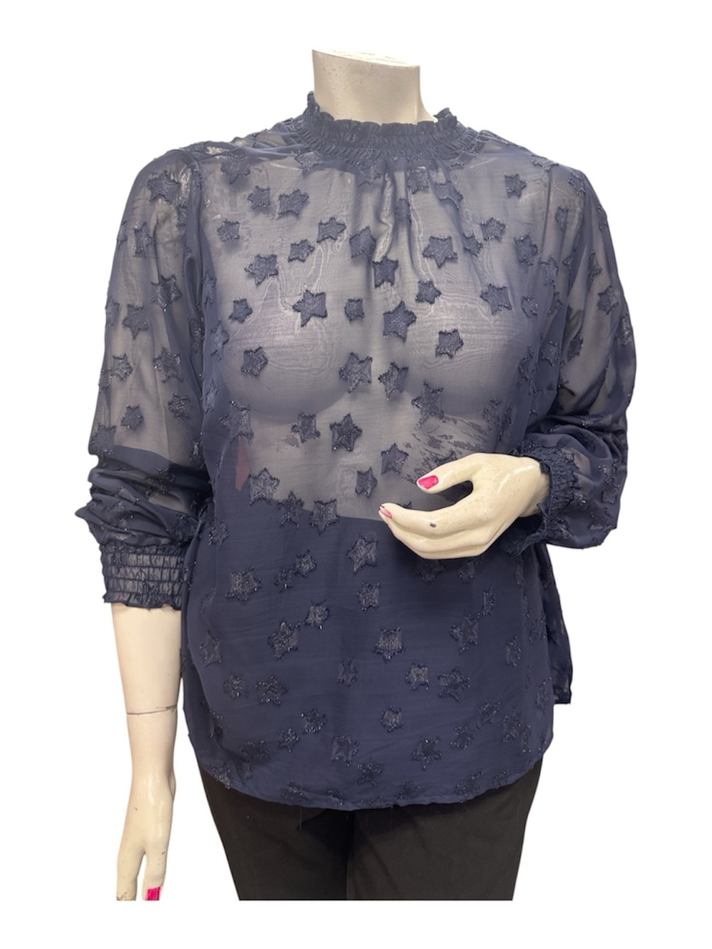 Sheer Star Appliqué Blouse - Navy